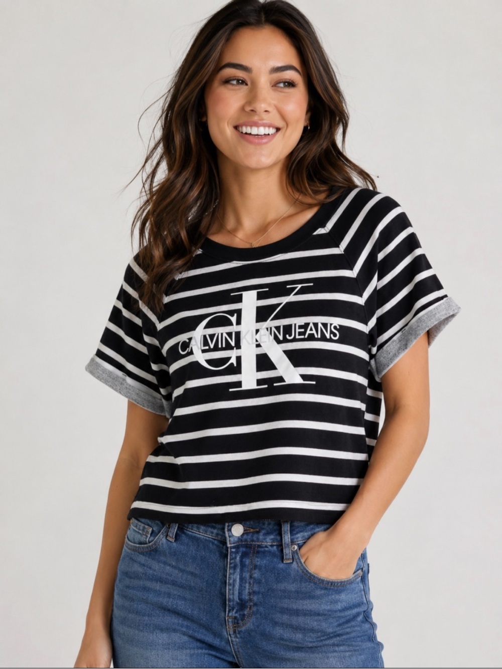 Calvin Klein Jeans Black White Striped CK Logo Cropped Top Size S